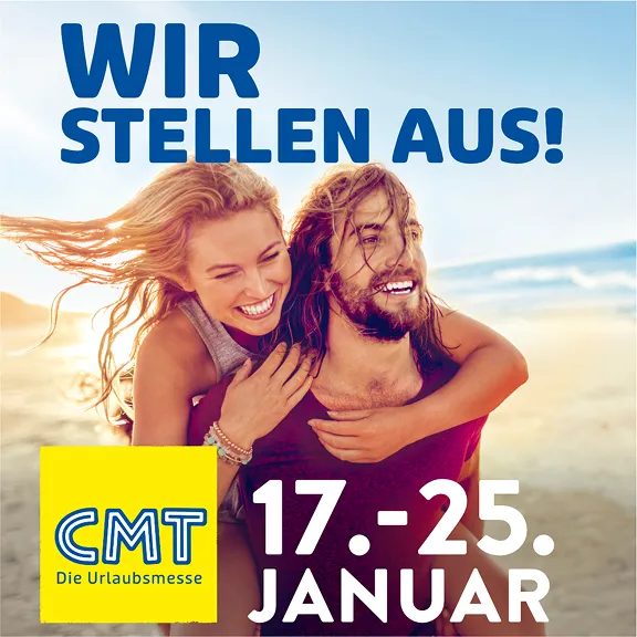 Werbebanner zur CMT: lachendes Paar am Strand mit Text „Wir stellen aus!“ und Datum 17.–25. Januar.